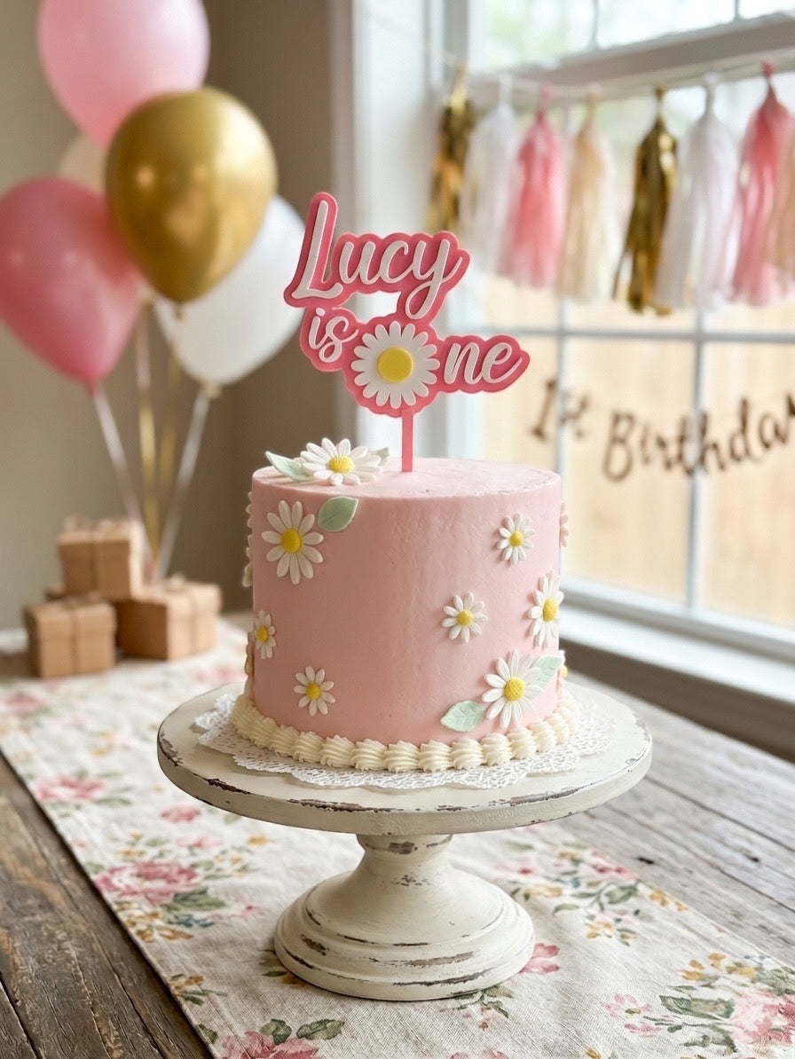 Daisy First Birthday Cake Topper – Personalized Pink 3D Topper