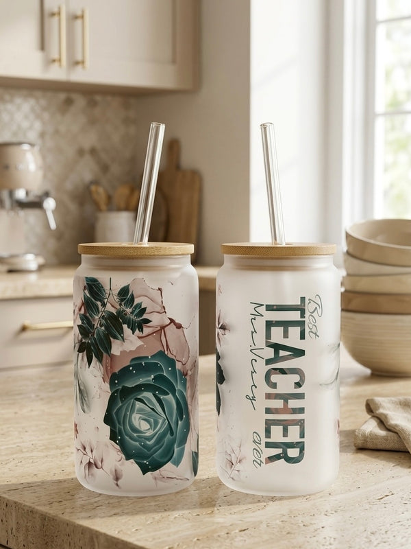 Custom Teacher Appreciation Glass Tumbler – 16oz Frosted Can Glass with Bamboo Lid