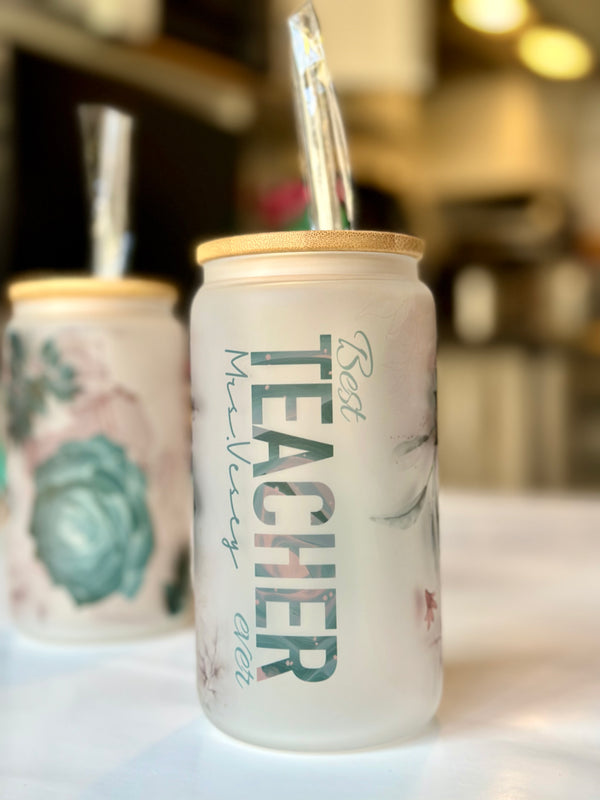 Custom Teacher Appreciation Glass Tumbler – 16oz Frosted Can Glass with Bamboo Lid