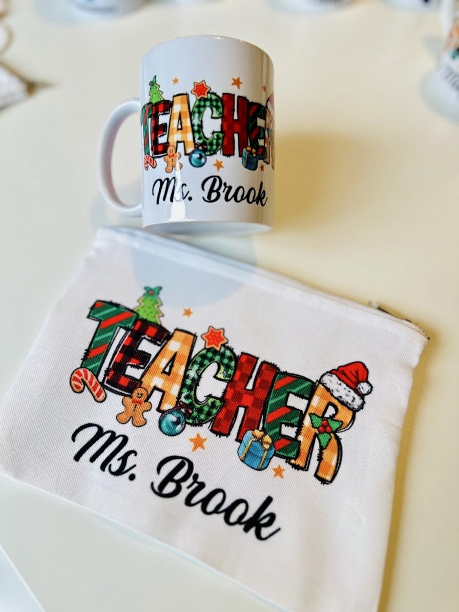 Personalized Christmas Teacher Gift Set – Custom Mug, Pouch Bag & Ornament Bundle