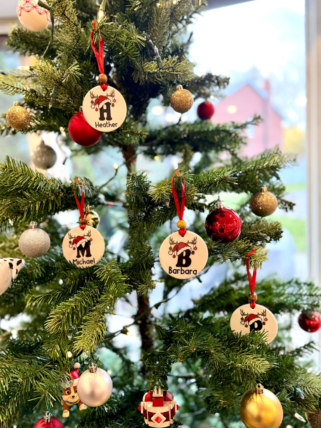 Custom Christmas Ceramic Ornament | Santa's Favorite Teacher & Santa Hat Initial Keepsake