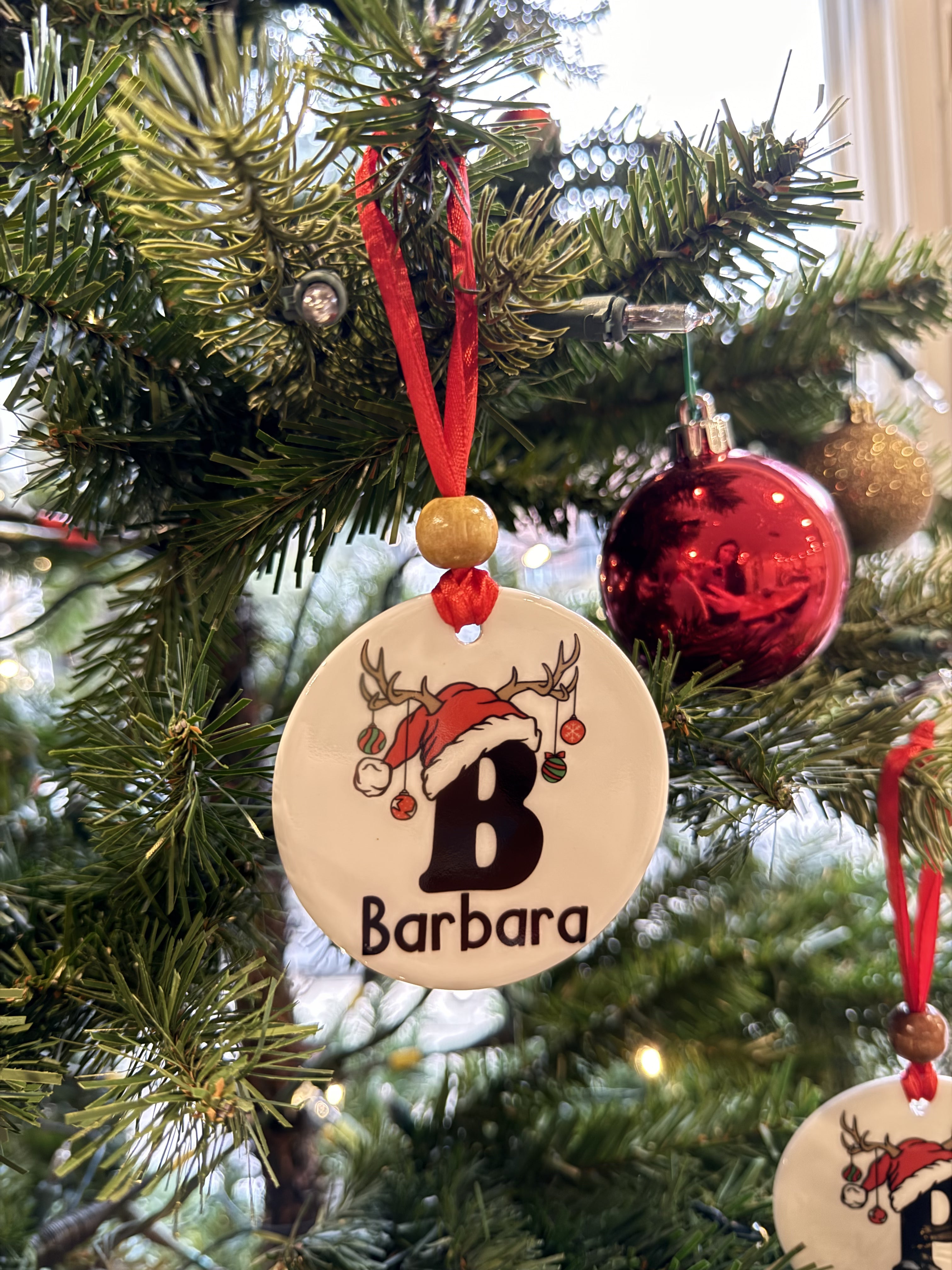 Custom Christmas Ceramic Ornament | Santa's Favorite Teacher & Santa Hat Initial Keepsake