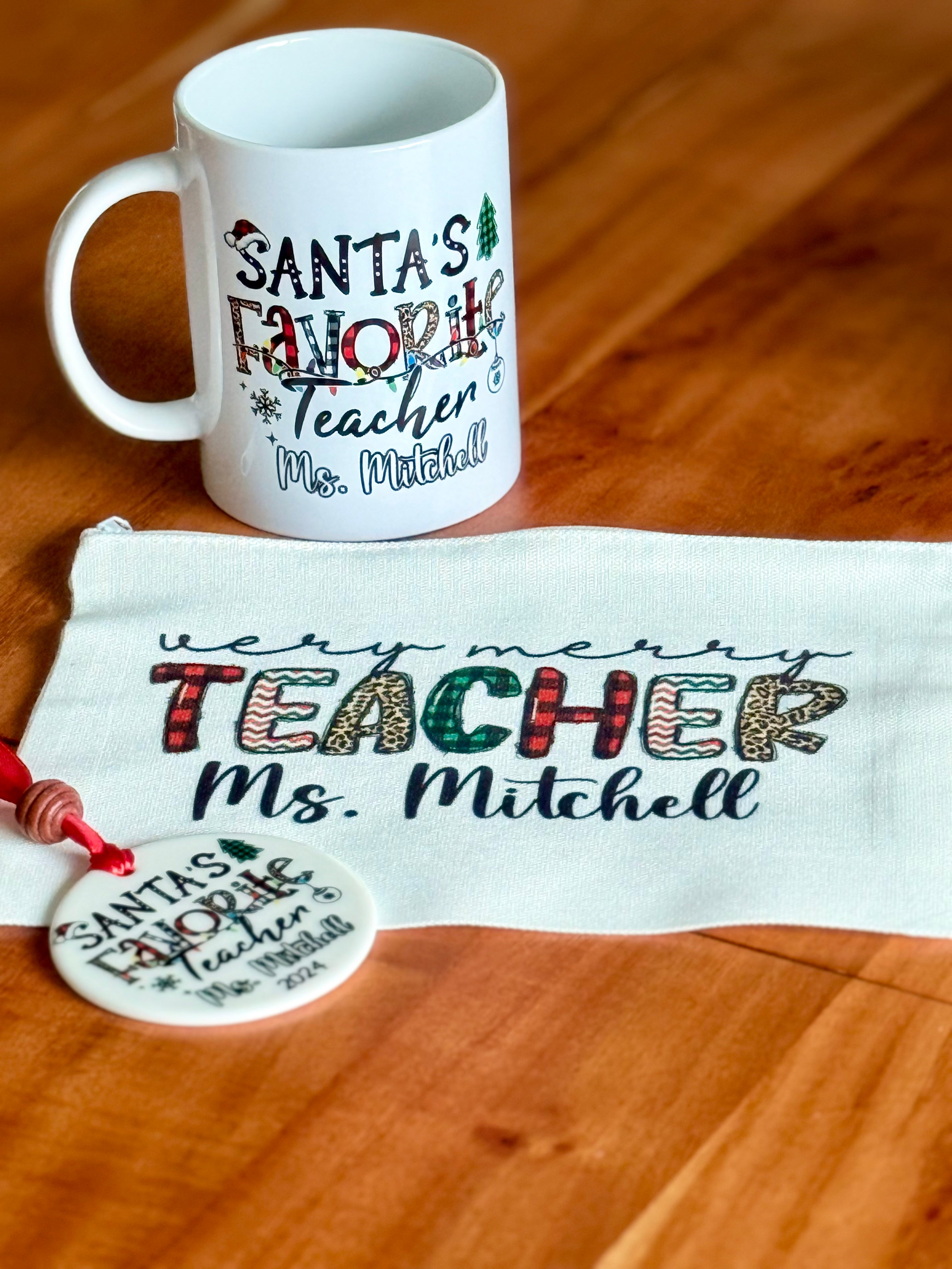 Personalized Christmas Teacher Gift Set – Custom Mug, Pouch Bag & Ornament Bundle