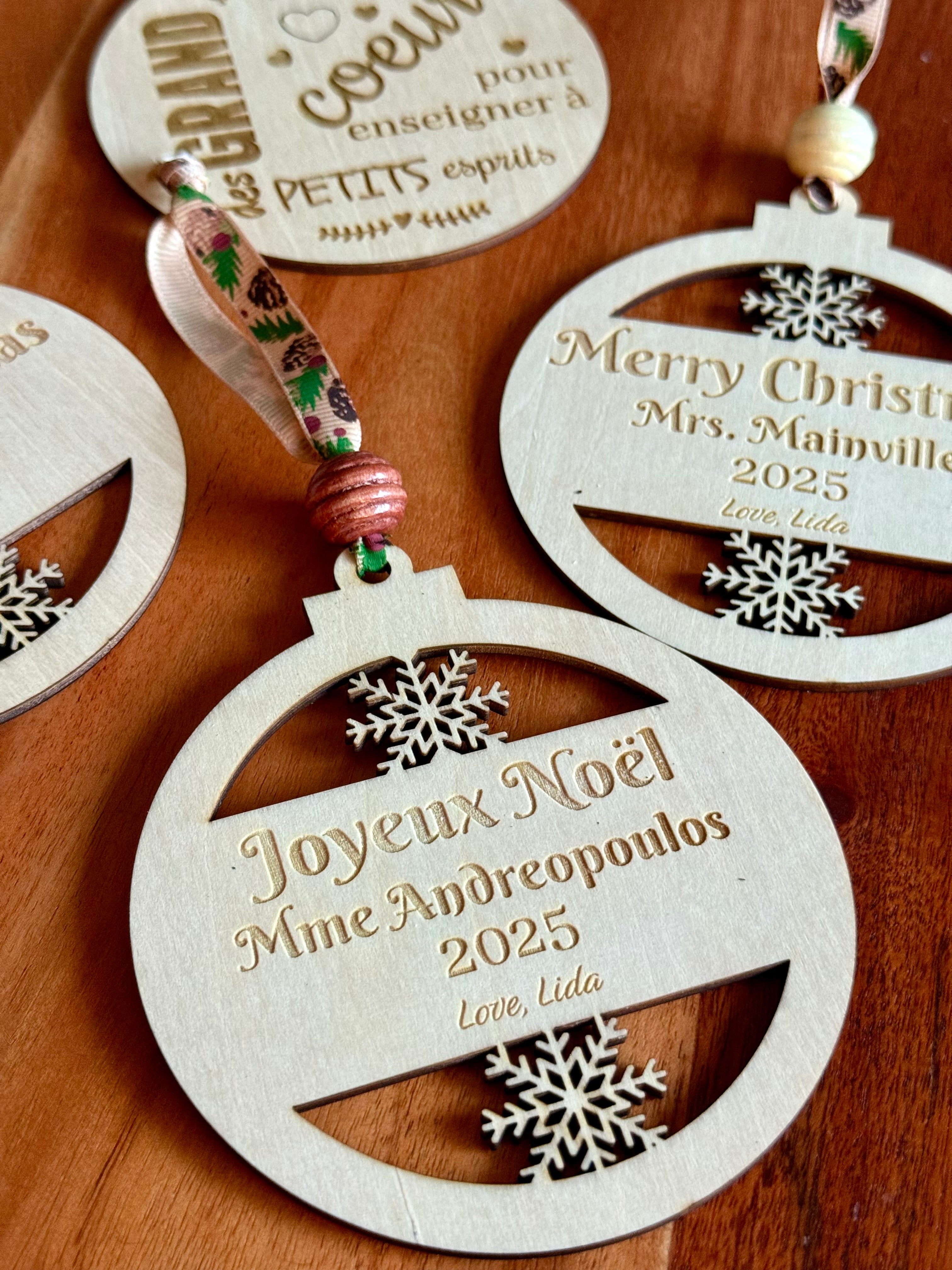 Personalized Wooden Teacher Christmas Ornament – Custom English & French Gift