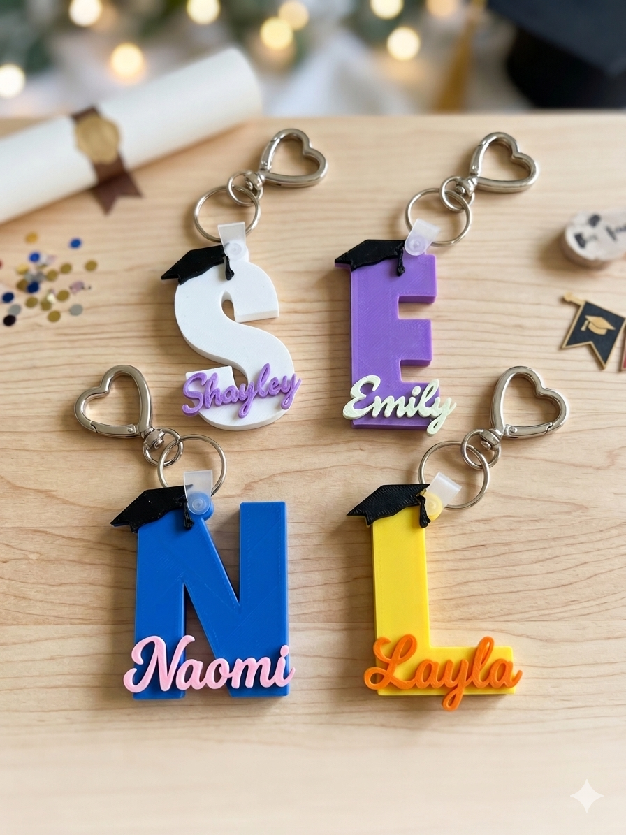 Personalized 3D Printed Graduation Keychain – Custom Initial, Name & Hat - Class of 2025/2026 Gift