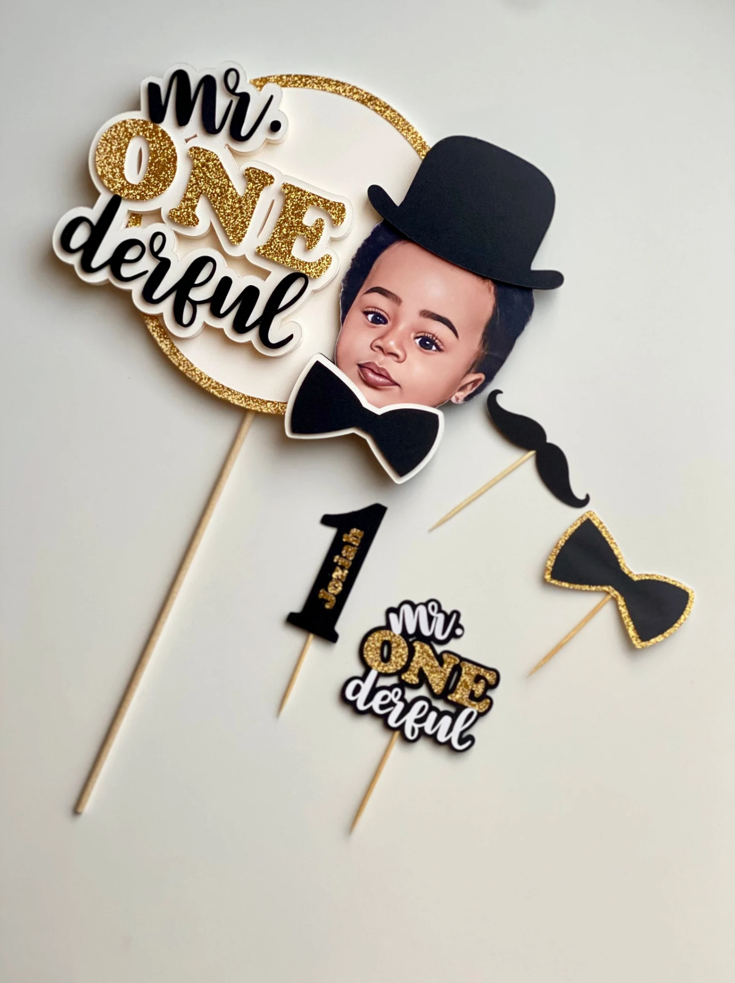 Mr ONEderful Birthday Photo Cake Topper – Black Gold and White