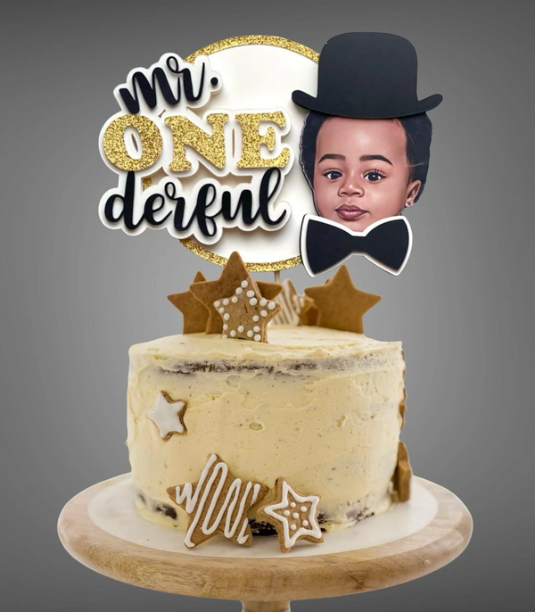 Mr ONEderful Birthday Photo Cake Topper – Black Gold and White