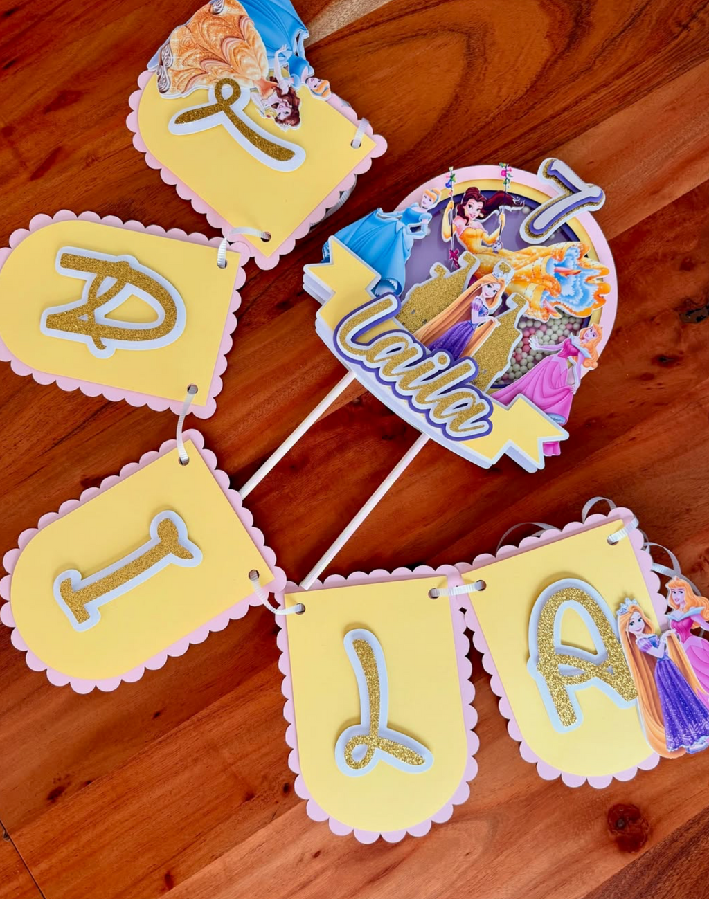 Personalized Princess Style Birthday Party Bundle - Yellow Gold Shaker Topper & Banner