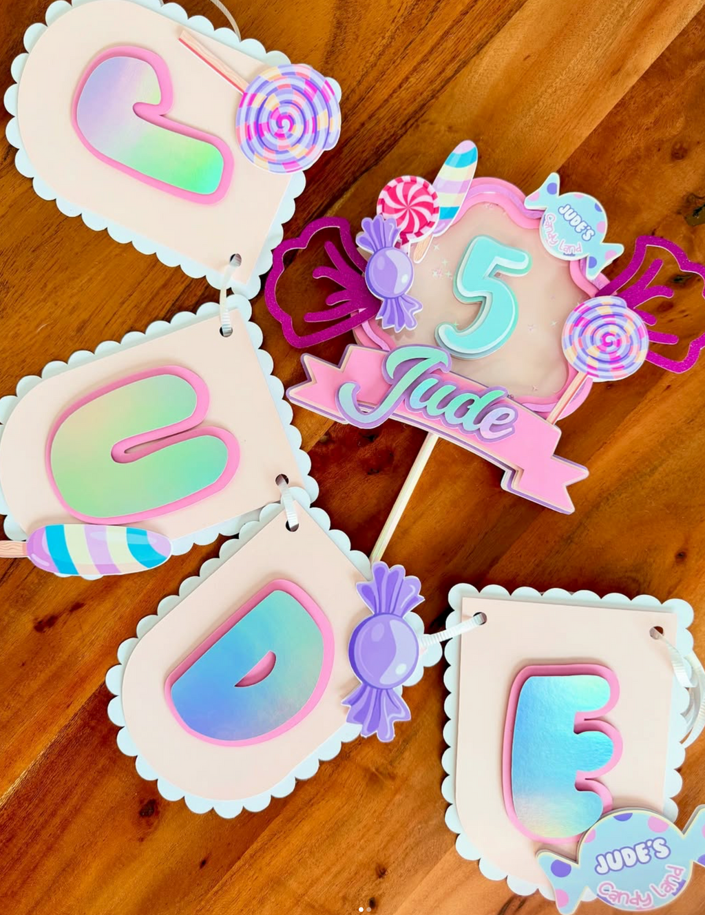 Personalized Candy Shop Cake Topper & Name Banner Set - Pink & Purple Shaker Decor
