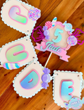 Personalized Candy Shop Cake Topper & Name Banner Set - Pink & Purple Shaker Decor