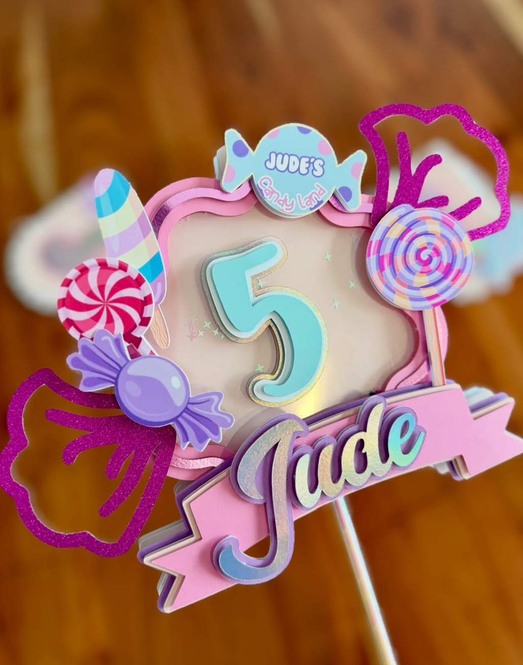 Personalized Candy Shop Cake Topper & Name Banner Set - Pink & Purple Shaker Decor