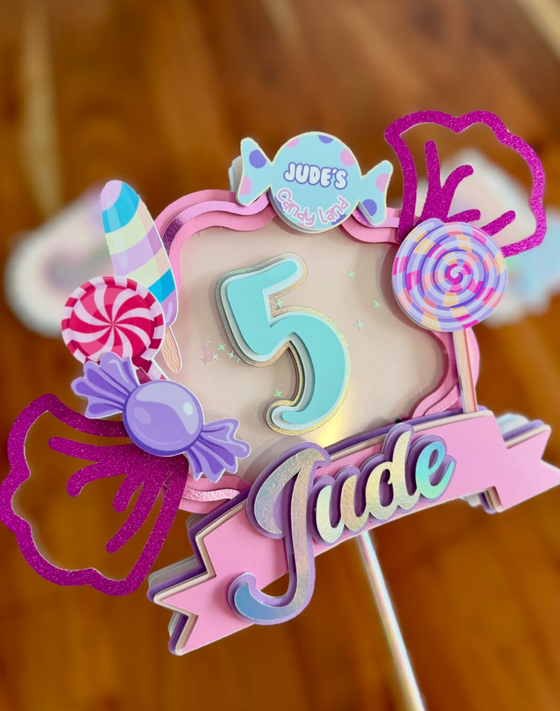 Personalized Candy Shop Cake Topper & Name Banner Set - Pink & Purple Shaker Decor