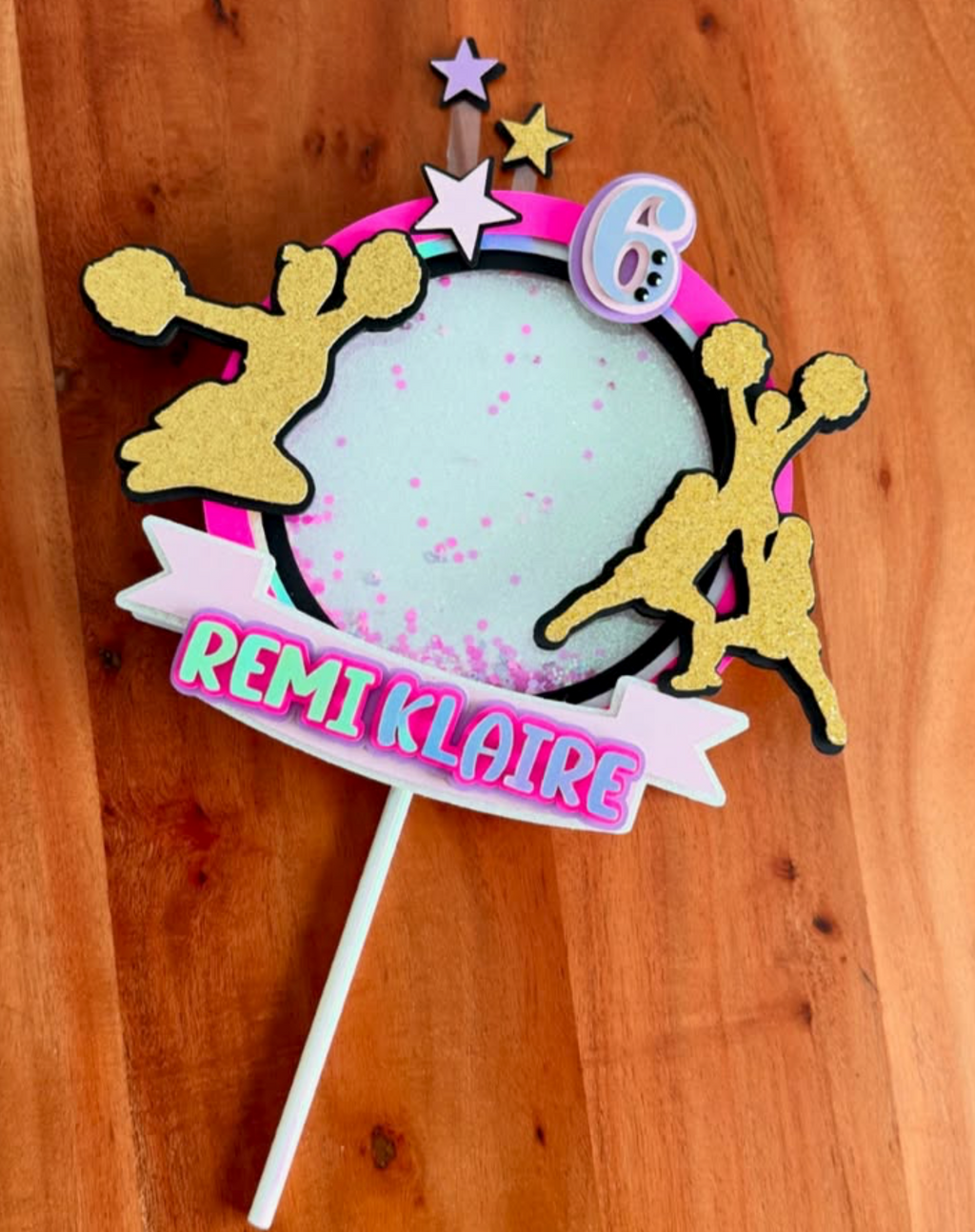 Personalized Cheerleader Shaker Cake Topper - Hot Pink & Gold Cheer Decor