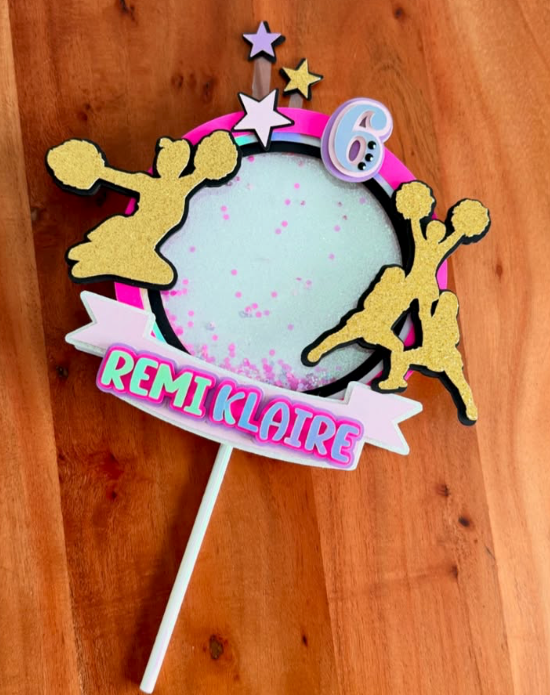Personalized Cheerleader Shaker Cake Topper - Hot Pink & Gold Cheer Decor