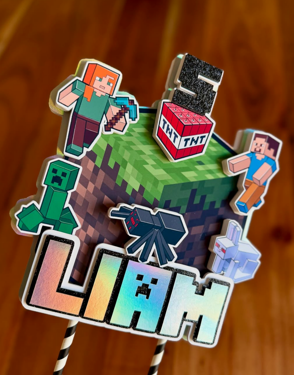 Pixel Art Style Personalized Cake Topper - 8-Bit Retro Gaming Birthday Decor - Green Grass Block Theme