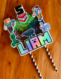 Pixel Art Style Personalized Cake Topper - 8-Bit Retro Gaming Birthday Decor - Green Grass Block Theme