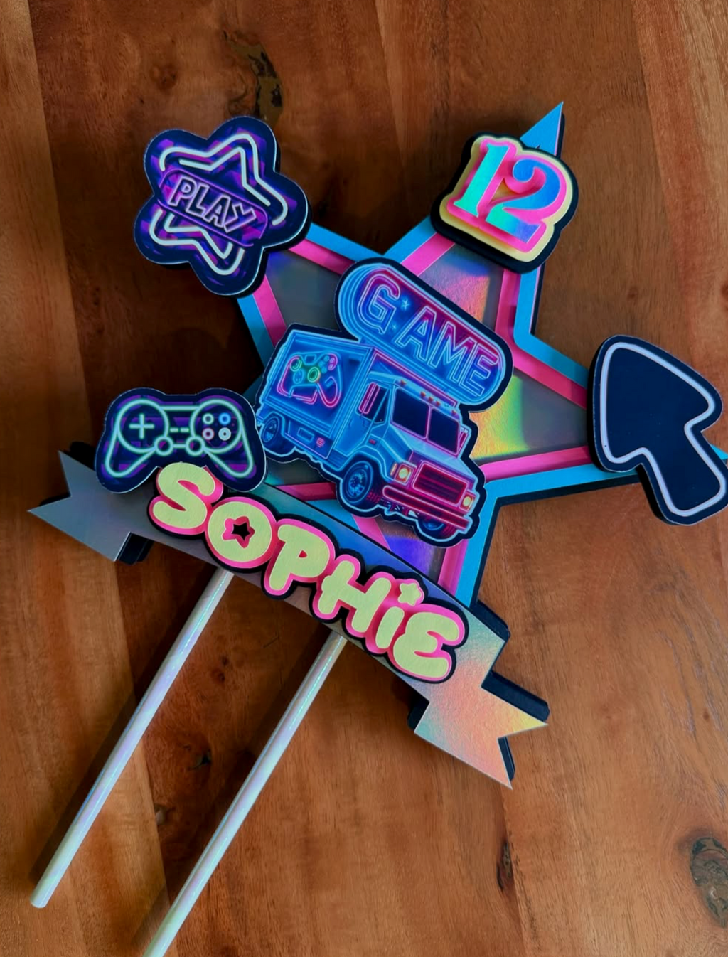 Gamer Birthday Party Decorations - Personalized Cake Topper and Banner Set - Neon Retro Gameboy Theme
