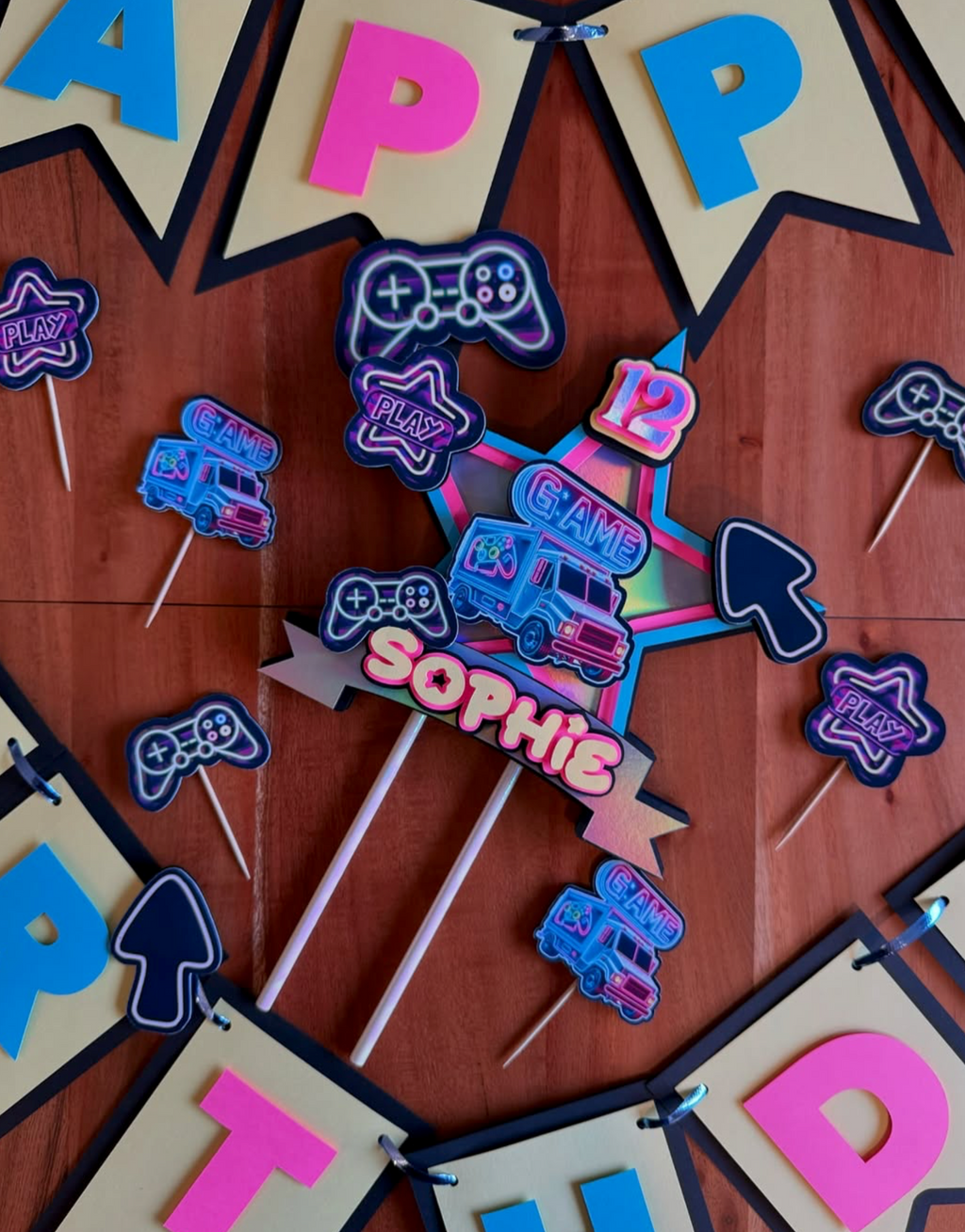 Gamer Birthday Party Decorations - Personalized Cake Topper and Banner Set - Neon Retro Gameboy Theme