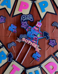 Gamer Birthday Party Decorations - Personalized Cake Topper and Banner Set - Neon Retro Gameboy Theme