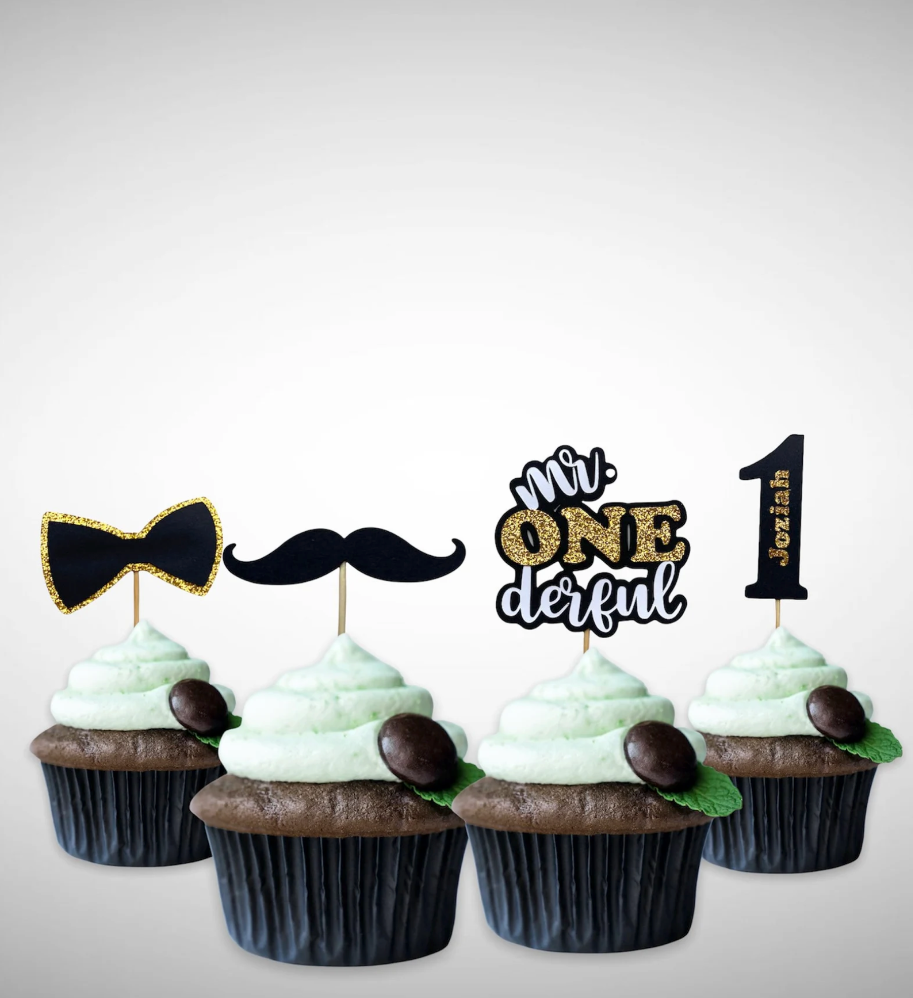 Mr ONEderful Birthday Photo Cake Topper – Black Gold and White