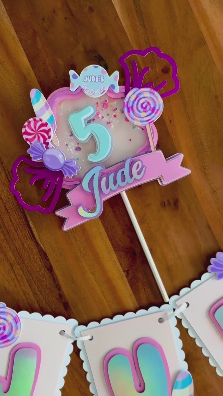 Personalized Candy Shop Cake Topper & Name Banner Set - Pink & Purple Shaker Decor