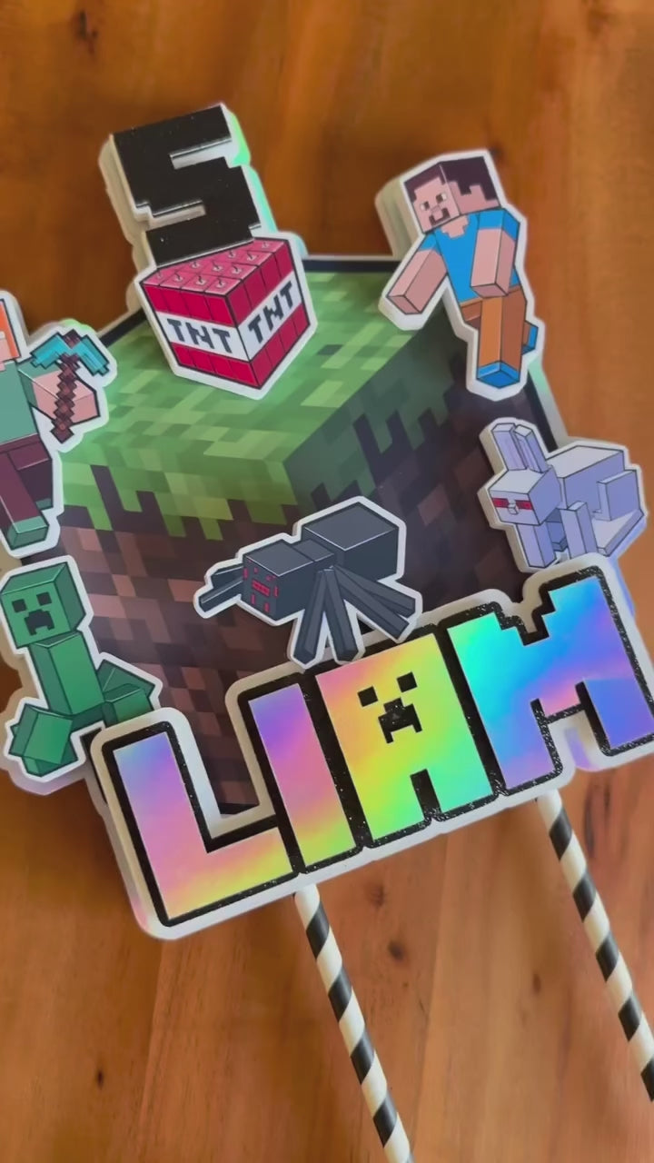 Pixel Art Style Personalized Cake Topper - 8-Bit Retro Gaming Birthday Decor - Green Grass Block Theme