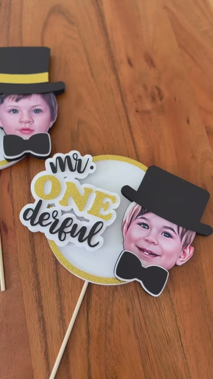 Mr ONEderful Birthday Photo Cake Topper – Black Gold and White