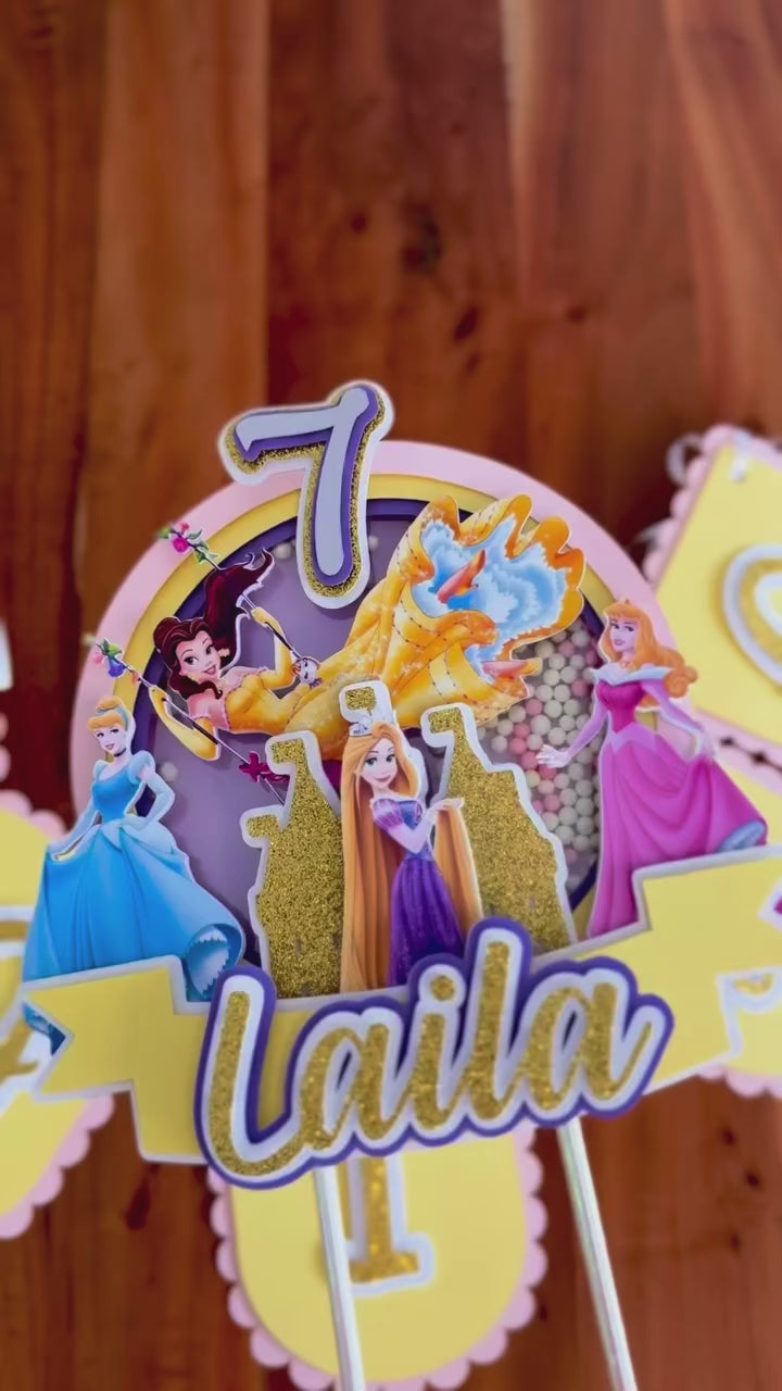 Personalized Princess Style Birthday Party Bundle - Yellow Gold Shaker Topper & Banner