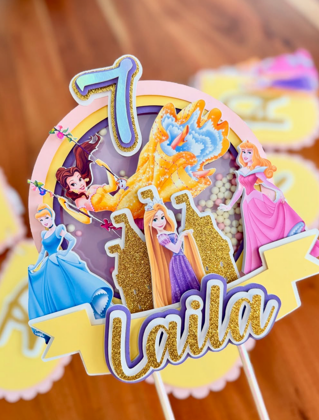 Personalized Princess Style Birthday Party Bundle - Yellow Gold Shaker Topper & Banner