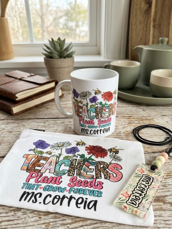 Personalized Teacher Gift Bundle – Custom 15oz Mug, Matching Pouch & Acrylic Lanyard